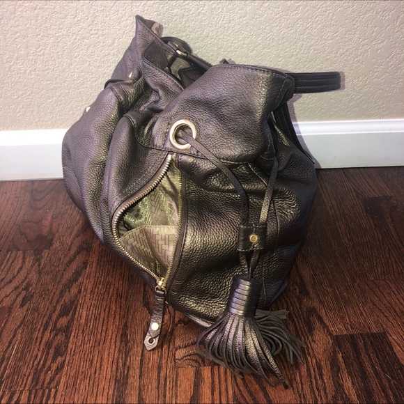 Cole Haan Womens Metallic Brown Leather Tassel Drawstring Satchel Handbag Bronze - Picture 15 of 16